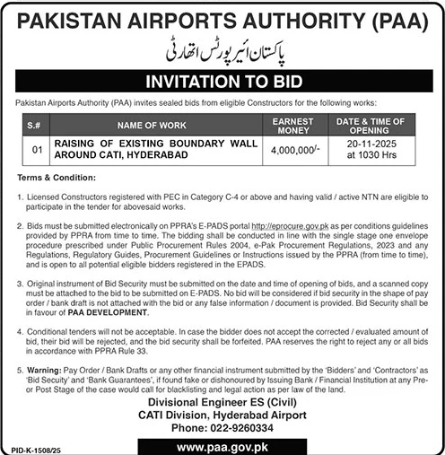 Pakistan Airport Authority Hyderabad Tender Notice